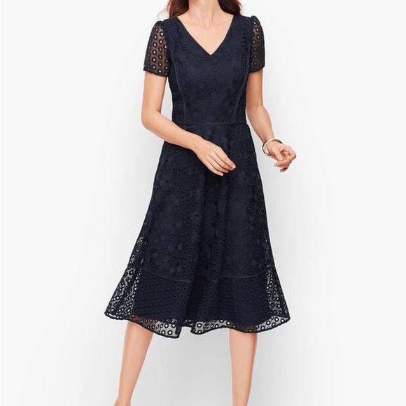 Talbots Navy Eyelet V-Neck A-Line Midi Dress - Picture 3 of 15